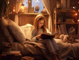 Pretty girl reading book before bed time in cozy bedroom. Generative AI photo