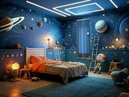 moderno chico dormitorio con espacio tema decoración. generativo ai foto