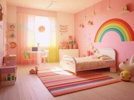 Modern pink colorful toddler bedroom with decoration. Generative AI photo