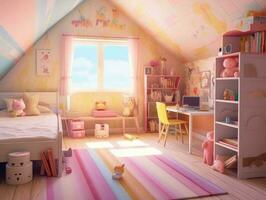 Modern pink colorful toddler bedroom with decoration. Generative AI photo