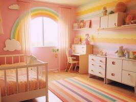 moderno rosado vistoso niñito dormitorio con decoración. generativo ai foto