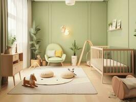 acogedor verde niñito dormitorio con cuna cama y decoración. generativo ai foto