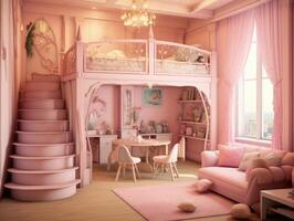 Cozy pink colorful girly theme bedroom for girls. Generative AI photo