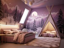 Dreamy violet girl bedroom with beautiful decoration. Generative AI photo