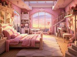 Cozy pink colorful girly theme bedroom for girls. Generative AI photo