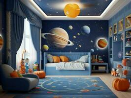 Modern boy bedroom with space theme decoration. Generative AI photo