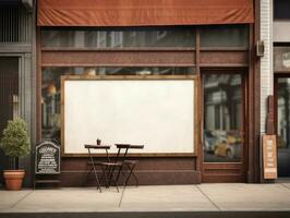 Blank mock up sign at coffee shop cafe, advertising board. Generative AI photo