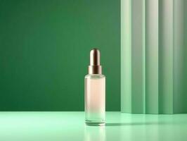 Mock up empty serum bottle with green modern minimal background. Generative AI photo