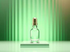 Mock up empty serum bottle with green modern minimal background. Generative AI photo