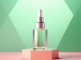 Mock up empty serum bottle with green modern minimal background. Generative AI photo