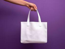 Empty mock up cloth bag, hand holding cloth bag, violet background. Generative AI photo