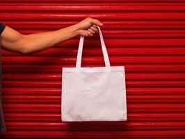 Empty mock up cloth bag, hand holding cloth bag, red background. Generative AI photo