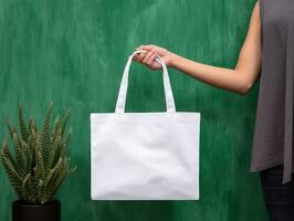Empty mock up cloth bag, hand holding cloth bag, green background. Generative AI photo