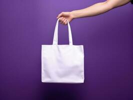 Empty mock up cloth bag, hand holding cloth bag, violet background. Generative AI photo