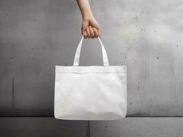 Empty mock up cloth bag, hand holding cloth bag, grey background. Generative AI photo