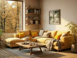 Bright yellow colorful living room with yellow sofa and wooden decoration. Generative AI photo