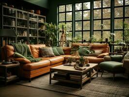 Luxury green vintage living room with decoration. Generative AI photo