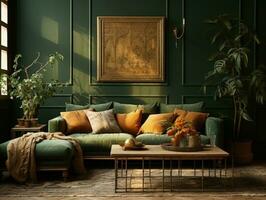 Luxury green vintage living room with decoration. Generative AI photo