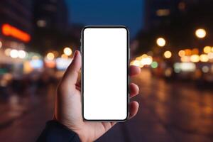 Man holding mobile smart phone at street night with blurred background. generative ai photo