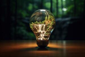 Green eco friendly lightbulb. concept of Renewable energy and sustainable living. Generative AI photo