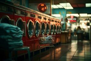 Row of industrial laundry machines in laundromat in a public laundromat, with laundry in a basket. generative ai photo