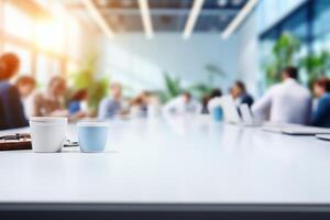 White table top and blurred business people meeting in office space background. generative ai photo