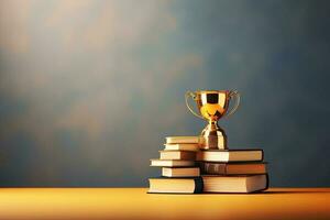 Stack of books with golden cup trophy. Academic and school knowledge, business education and graduation. copy space. Generative, AI photo