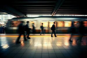 un tren estación subterraneo con borroso movimiento y caminando gente, generativo ai foto