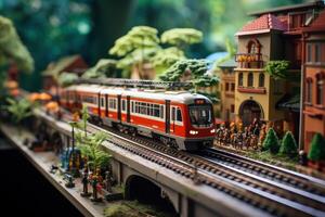 miniatura tren conjunto con Moviente partes y pasajeros en tablero. generativo ai foto