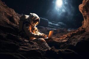 Lonely astronaut using laptop sitting on mars. photo