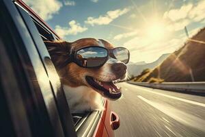 linda perro con cabeza fuera de el coche ventana sensación el viento, movimiento difuminar. generativo ai foto