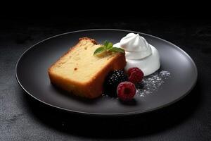 tasty yogurt cake on a plate with cream, black background, illustration, generative ai photo