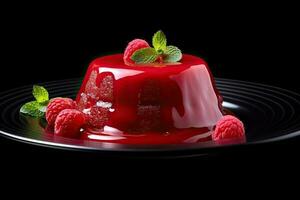 delicious raspberry pudding on a plate, black background, illustration, generative ai photo