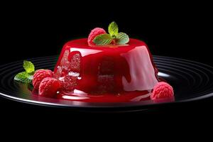 delicious raspberry pudding on a plate, black background, illustration, photo