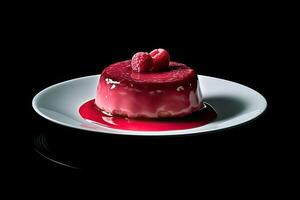 raspberry pudding on a plate, black background, illustration, generative ai photo