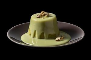 delicious pistachio pudding on a plate, black background, illustration, photo