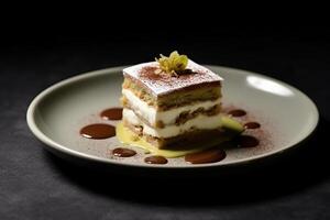 tasty pistachio tiramisu on a plate, black background, illustration, photo