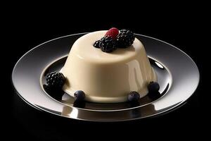 marvelous vanilla pudding on a plate, black background, illustration, photo