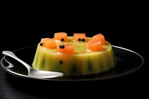 tasty melon pudding on a plate, black background, illustration, generative ai photo