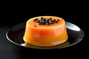 papaya pudding on a plate, black background, illustration, photo