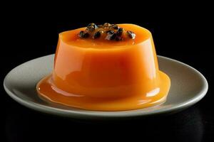 marvelous papaya pudding on a plate, black background, illustration, generative ai photo