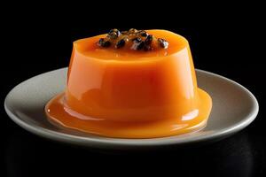 marvelous papaya pudding on a plate, black background, illustration, photo