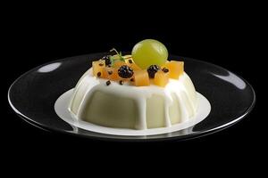 delicious white melon pudding on a plate, black background, illustration, generative ai photo