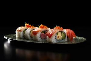 tasty sushi on a plate, black background, illustration, photo