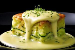 delicious zucchini pudding on a plate, black background, illustration, photo