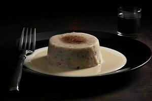 tasty white pudding on a plate, black background, illustration, generative ai photo