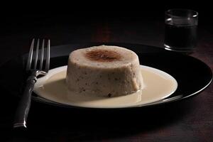 tasty white pudding on a plate, black background, illustration, generative ai photo