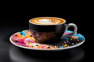 marvelous colorful cappuccino on a plate, black background, illustration, photo