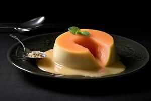 marvelous galia melon pudding on a plate, black background, illustration, photo