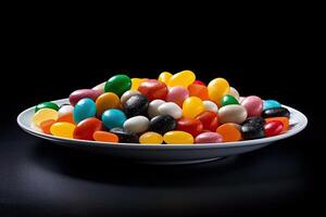 marvelous colorful candies on a plate, black background, illustration, photo
